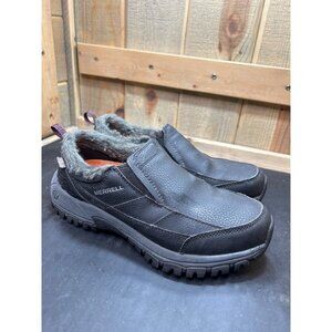 Merrell Womens Black Huckleberry Leather Slip-On Shoes Faux Fur Trim Size 8.5
